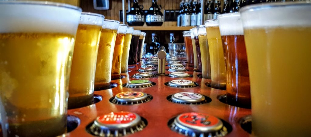 Beer flight at Russian River Brewing in California, a brewery known for its attention to detail and quality management.
