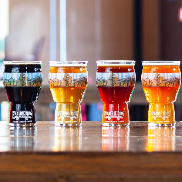 Assortment of Prairie Dog Brewing draft beer in pint-sized glasses