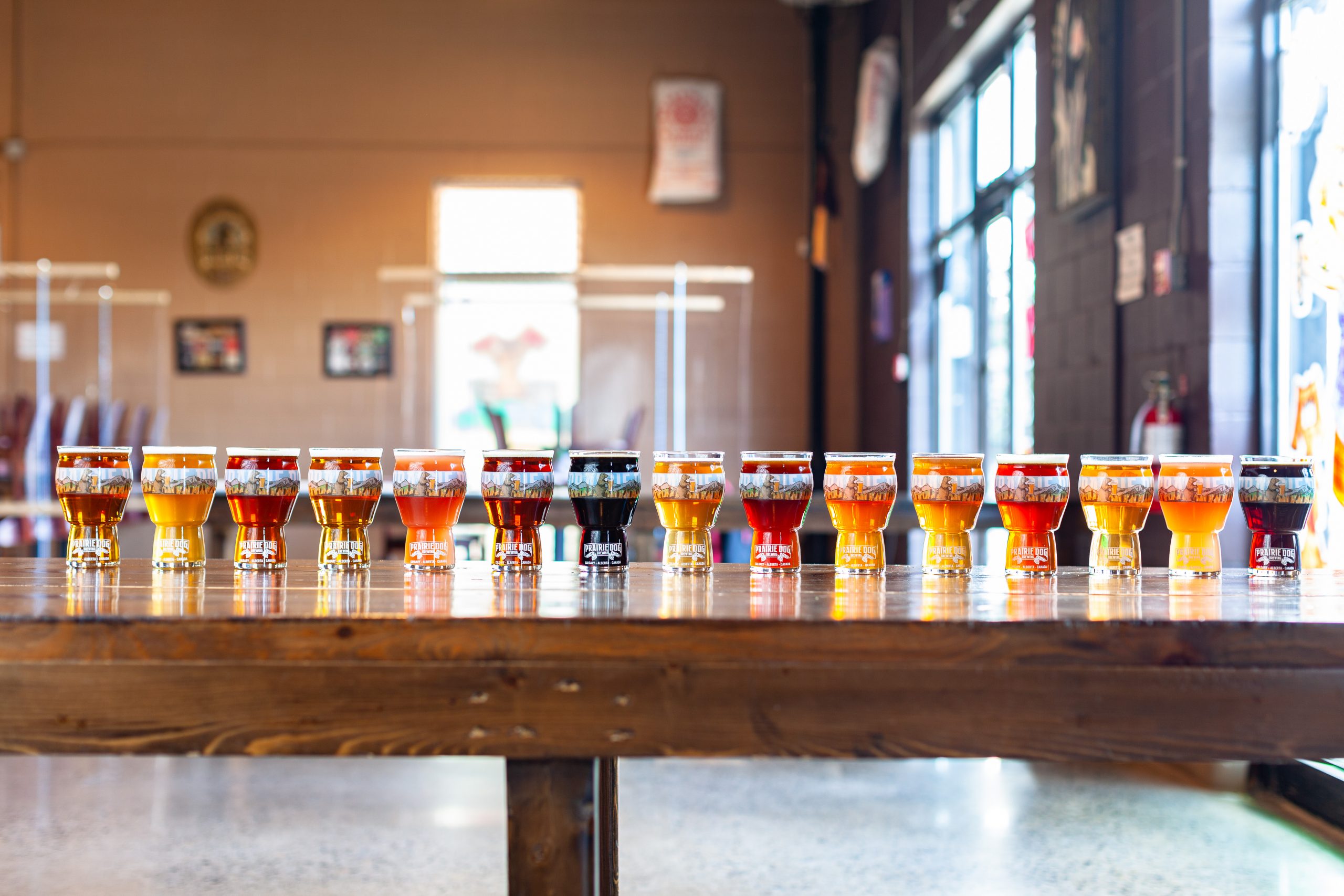 15 Prairie Dog Brewing craft beers arranged in a long row with 16-oz beer glasses.