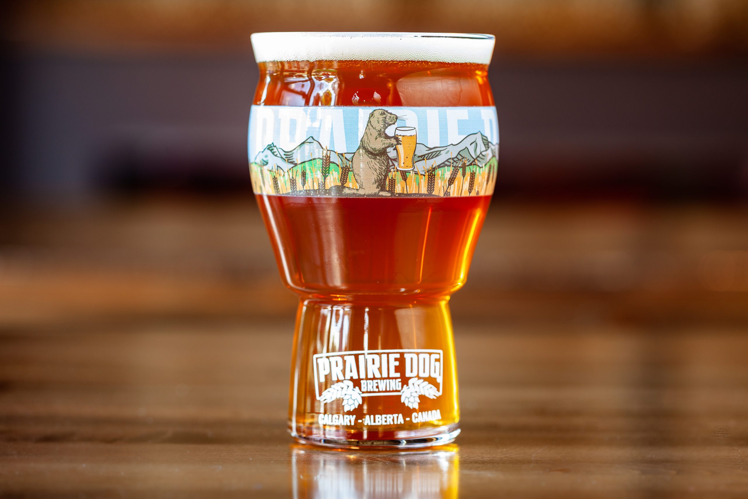 Prairie Dog Brewing's Jitter Bear Coffee Kolsch in a branded 16-oz US pint glass.