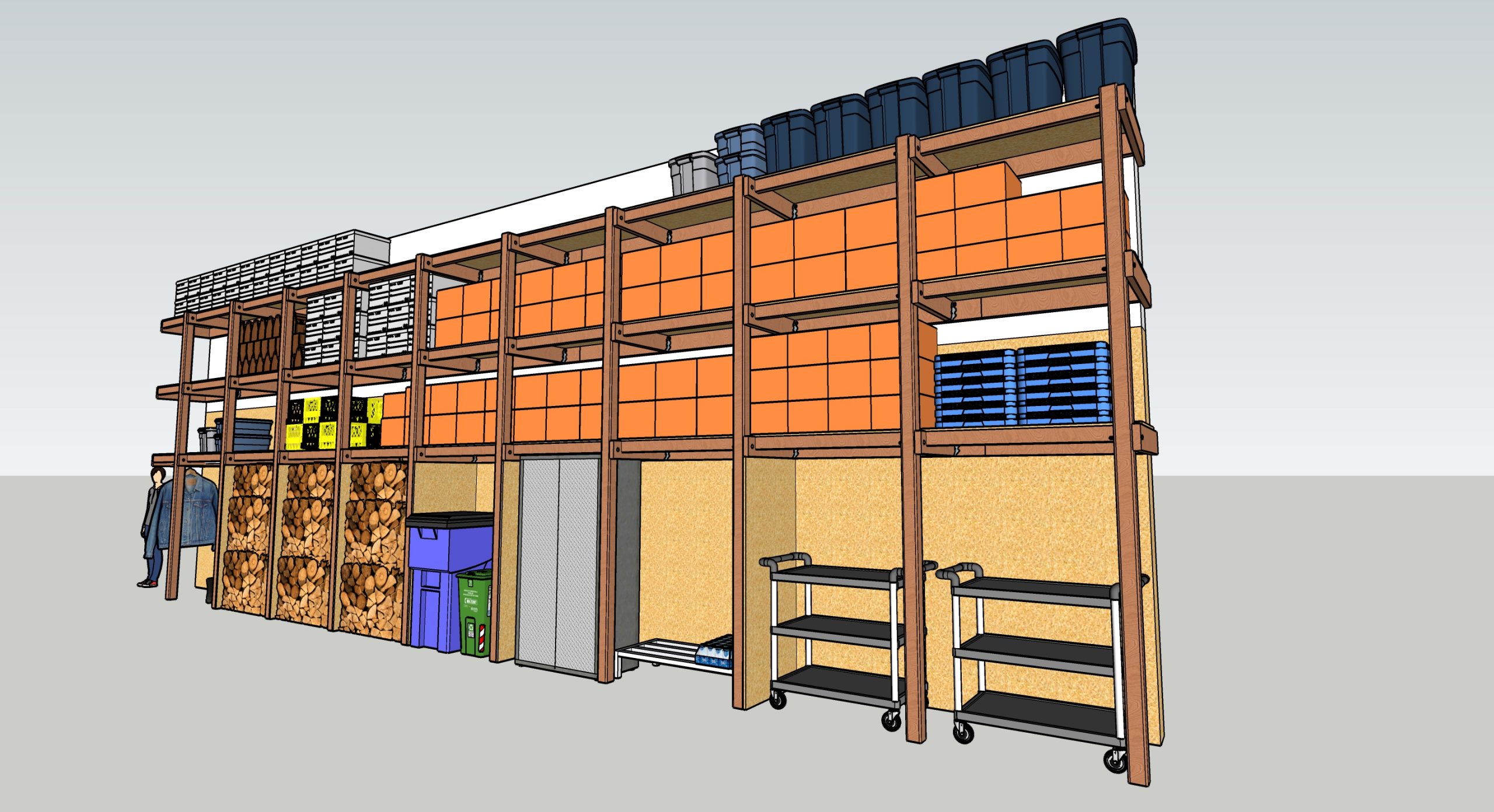 3D rendering of Prairie Dog Brewing's back-hallway storage shelving design, including the kinds of things we planned on storing in the shelving.