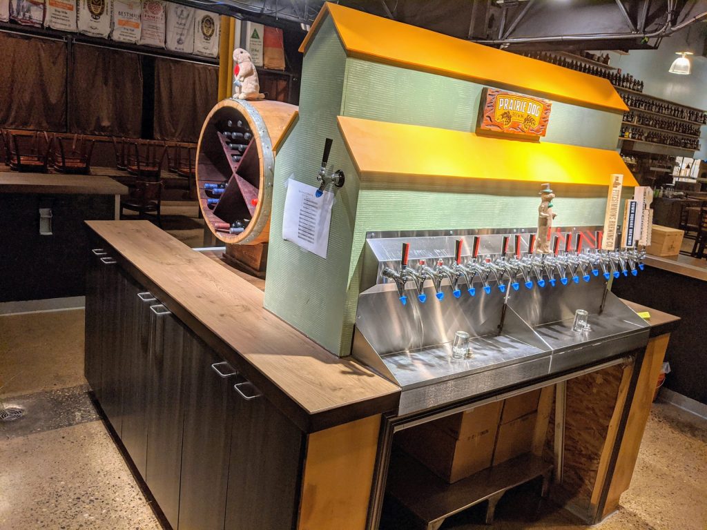 Prairie Dog Brewing's prairie-themed grain elevator tap tower, at their centre bar island, 58th Avenue Calgary brewpub.