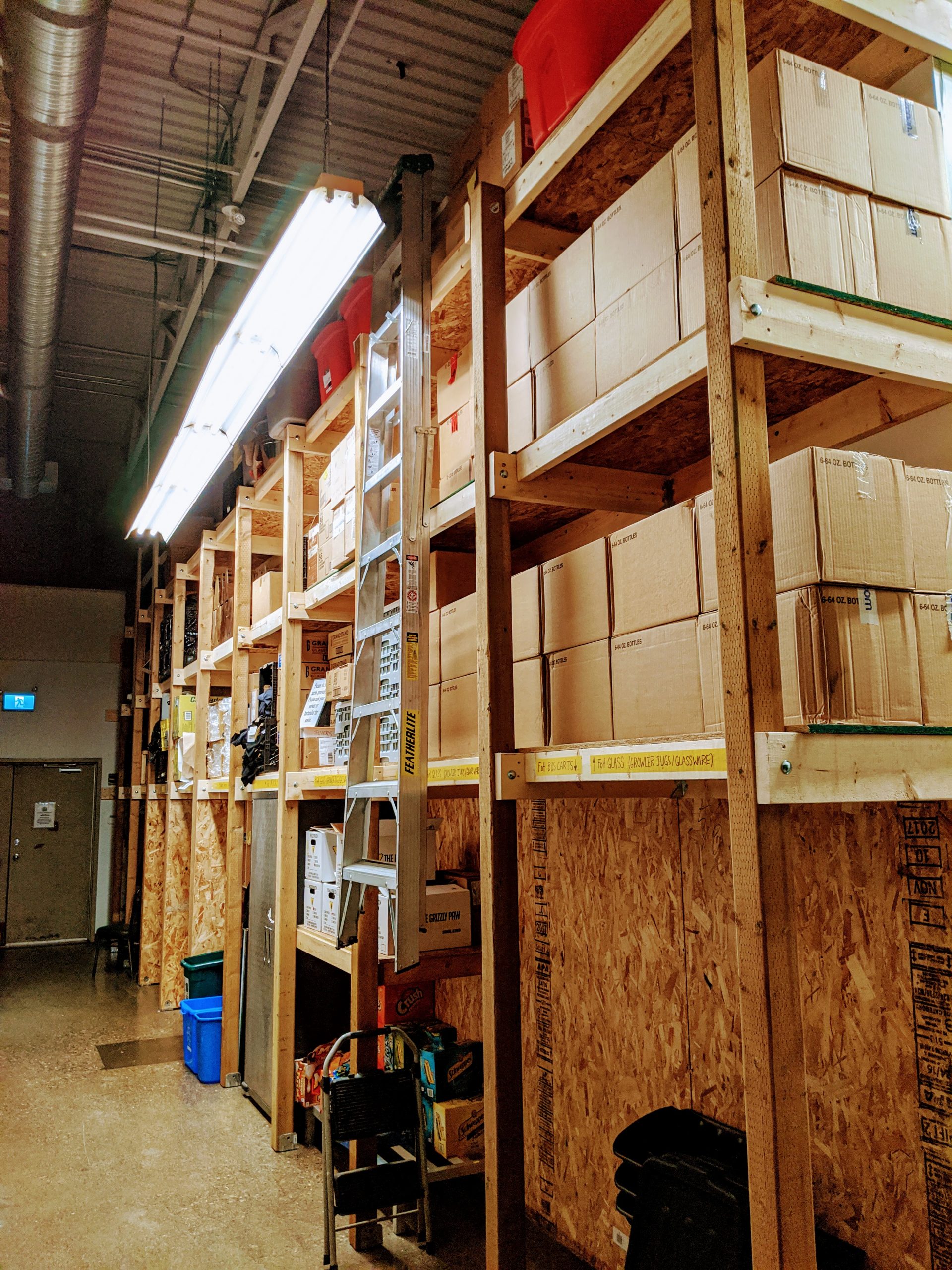 A photo of the storage shelving Prairie Dog Brewing built during the pandemic to house items that we wanted to keep after a massive cleanup.