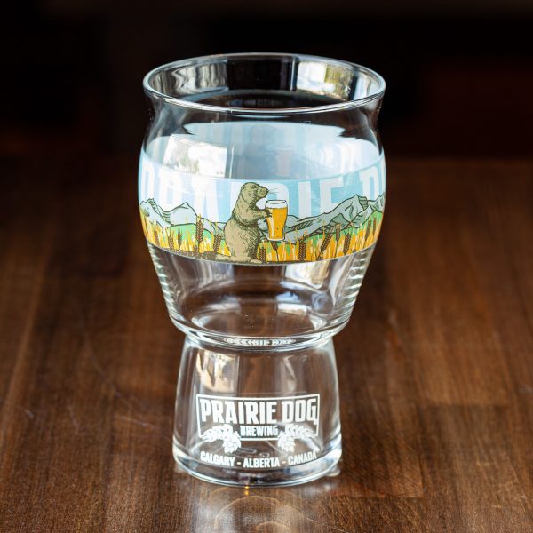 Front side of 16-oz Rastal Craftmaster Grand beer glass with Prairie Dog Brewing branding.