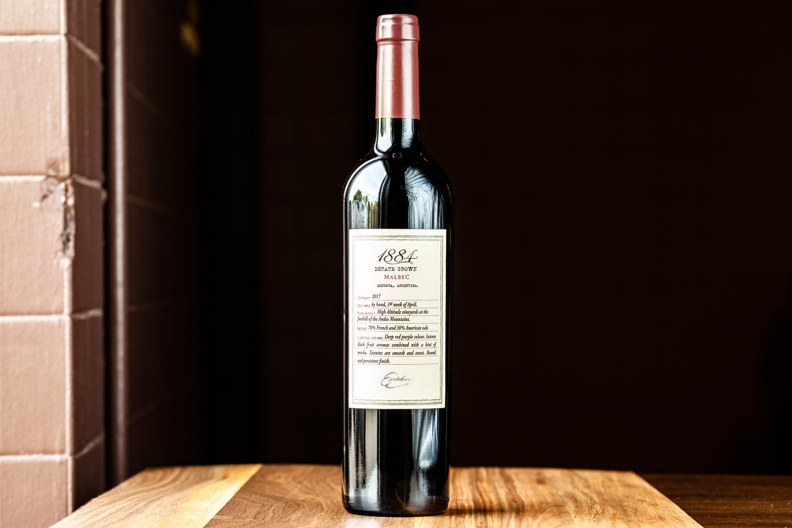 A 750-mL bottle of Escorihuela 1884 Estate Malbec (Argentina).