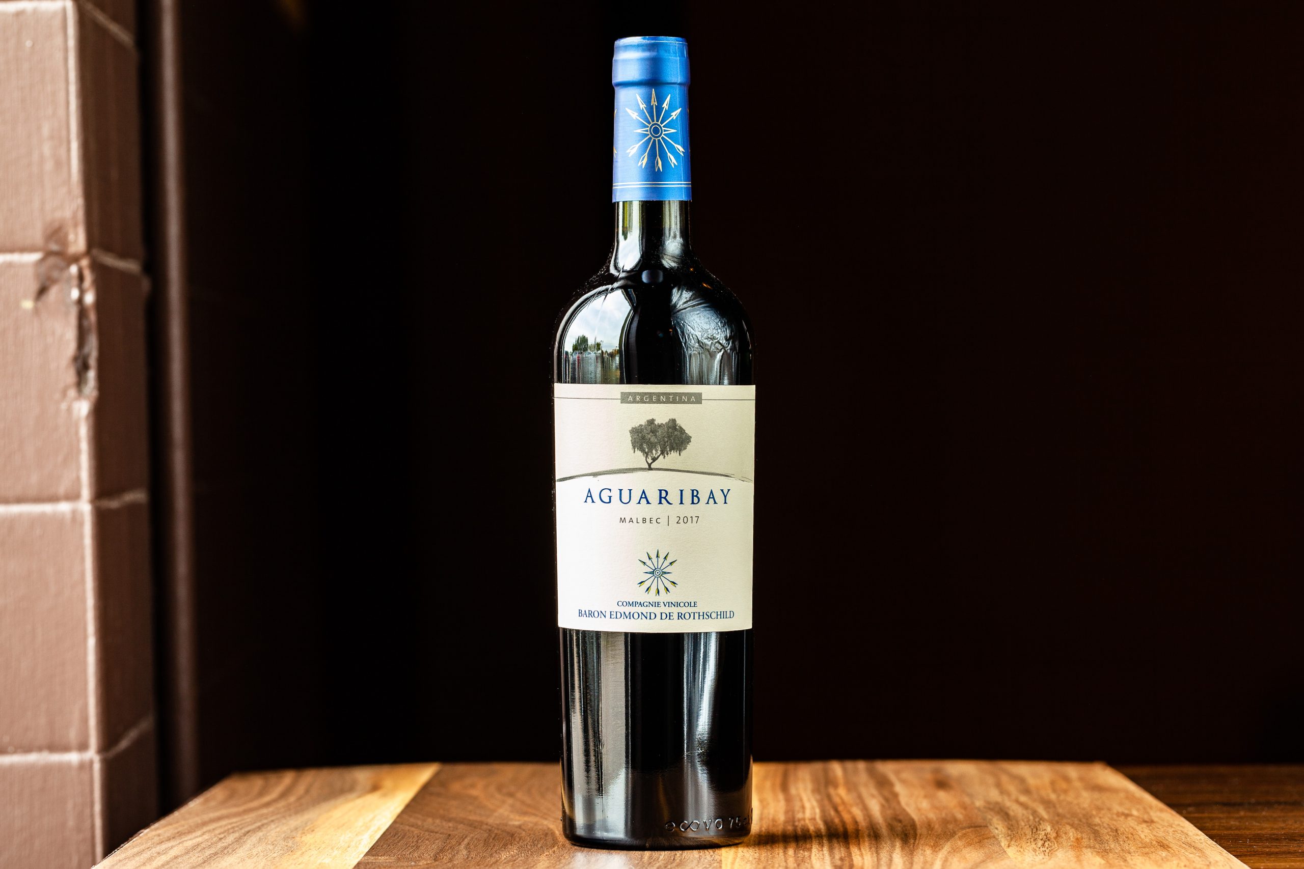 A 750-mL bottle of Baron Edmon de Rothschild Aguaribay Malbec red wine (Argentina).