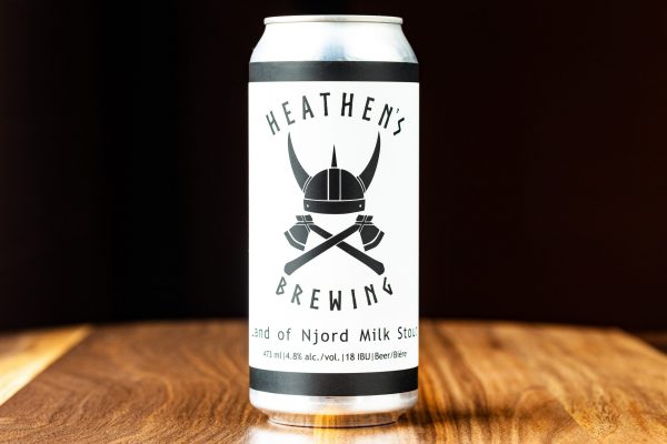 A 473-mL can of Heathen'S Brewing gluten free Land of Njord Milk Stout, made here in Calgary, Alberta.