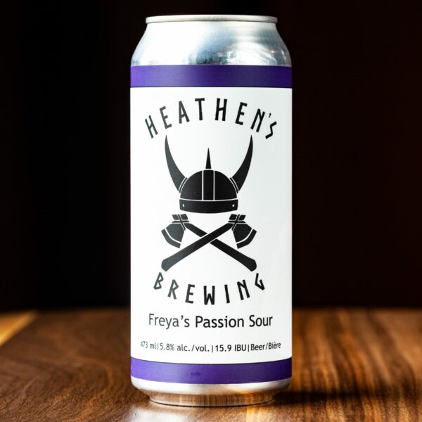 A 473-mL can of Heathen's Brewing Freya's Passion Sour gluten free beer.