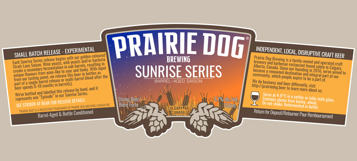 Bottle label for Prairie Dog Brewing's 2020 Sunrise-Series barrel-aged saison.