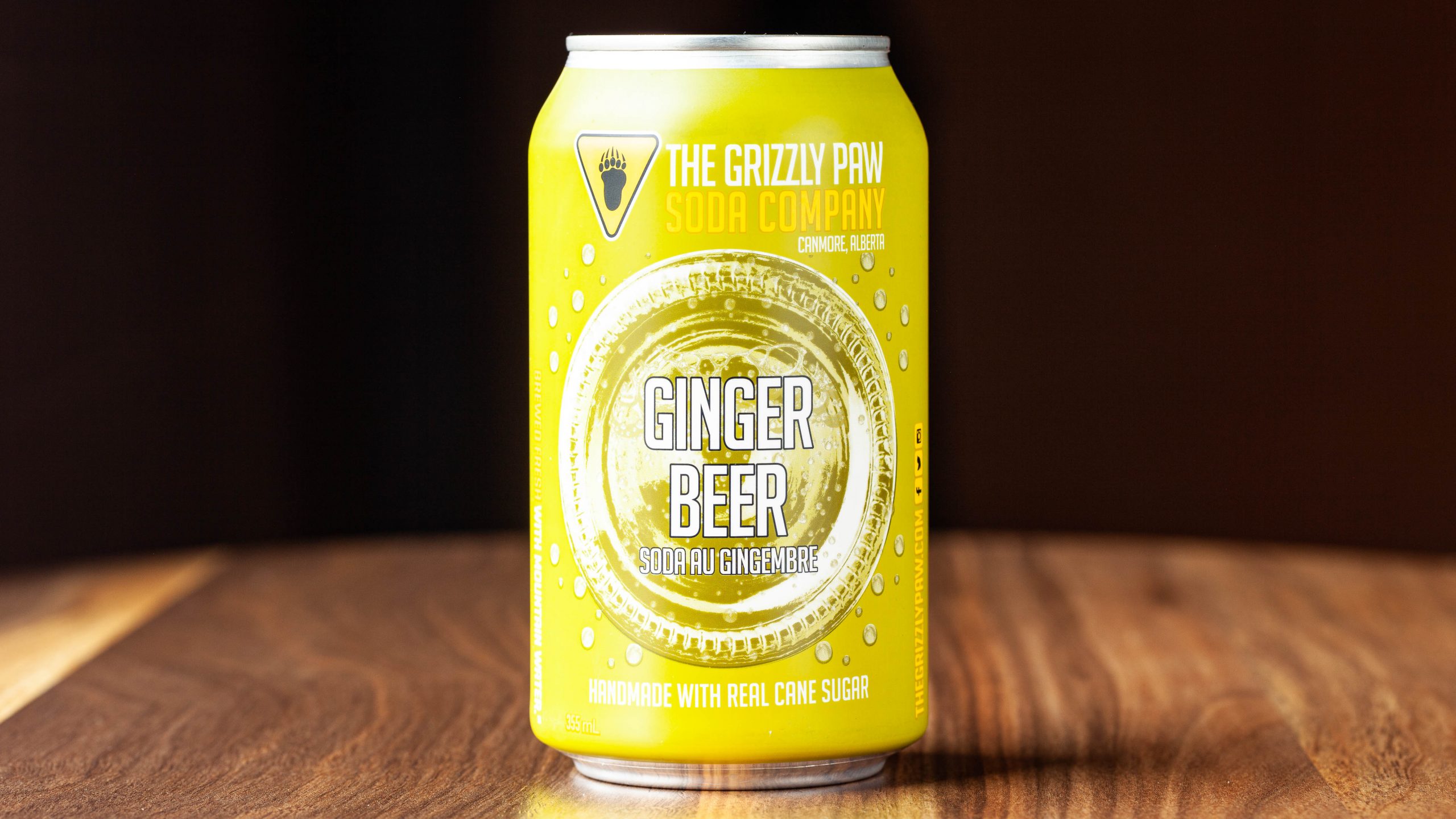 A 355-mL can of Grizzly Paw Ginger Beer, made locally in Canmore, Alberta.