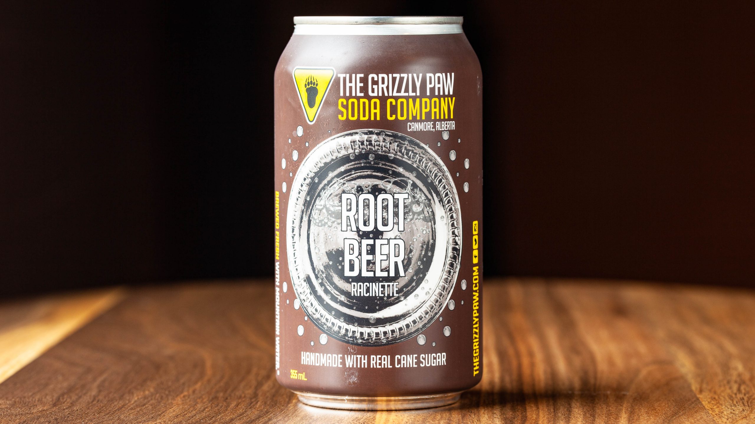 A 355-mL can of Grizzly Paw Root Beer, made locally in Canmore, Alberta.