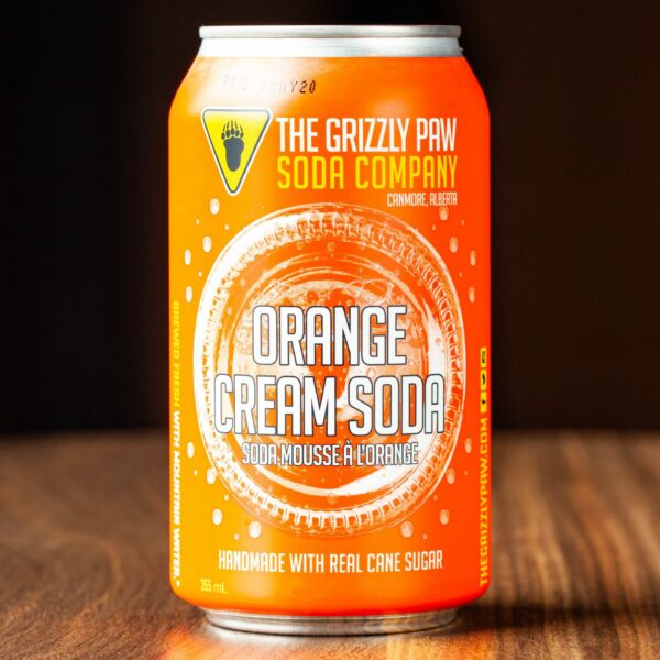 A 355-mL can of Grizzly Paw Orange Cream Soda, made locally in Canmore, Alberta.