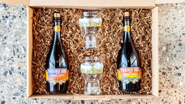 Prairie Dog Brewing Chasing the Sun Craft Beer Gift Box Set, including our Sunrise and Sunset-series barrel-aged experimental saisons, as well as two 16-oz Prairie-Dog-Brewing-branded Craftmaster Grand beer glasses.