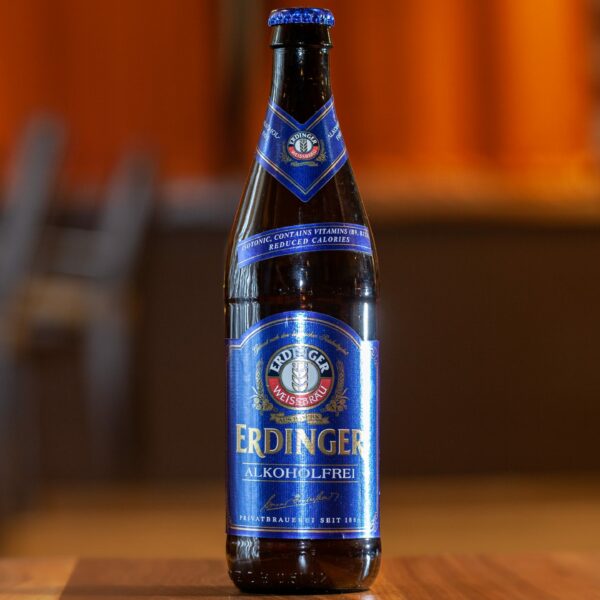 A 500-mL bottle of premium alcohol-free Erdinger beer, brewed in Germany with the flavour and mouthfeel of a classig German pale lager.