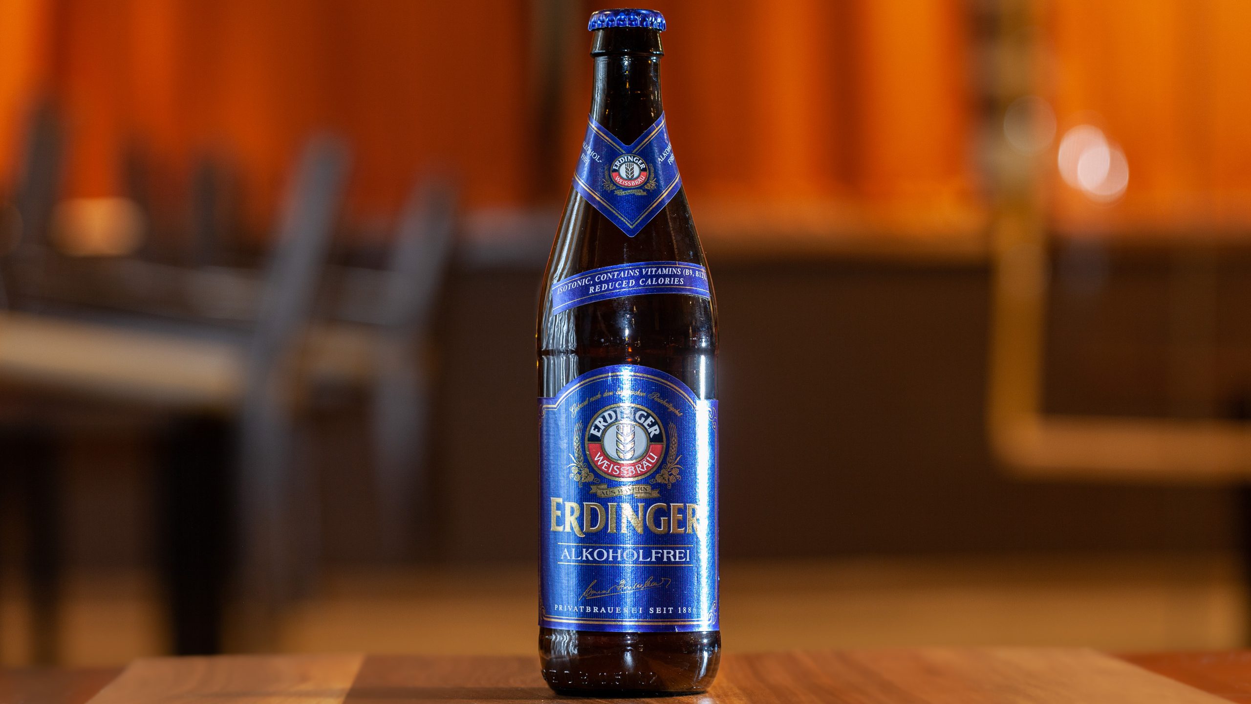 A 500-mL bottle of premium alcohol-free Erdinger beer, brewed in Germany with the flavour and mouthfeel of a classig German pale lager.