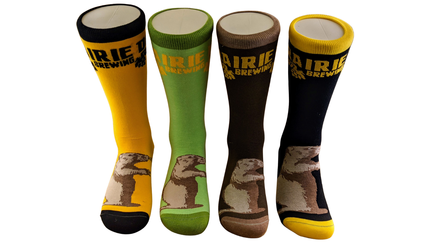 Prairie Dog Brewing Socks An assortment of Prairie Dog Brewing socks with different colours.