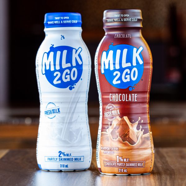 An assortment of white and chocolate Milk2Go 310-mL bottles.