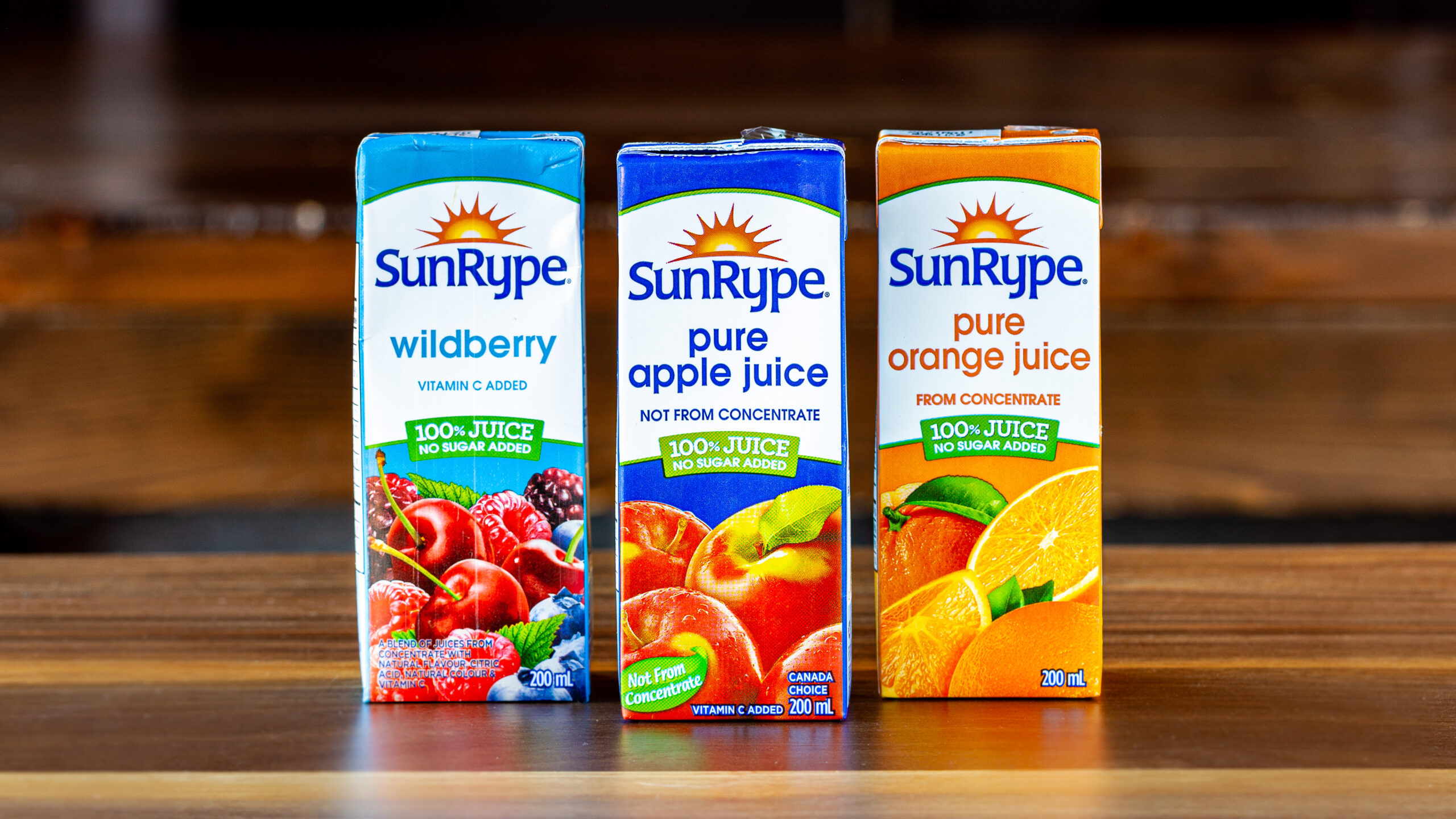 An assortment of 200-mL all-natural, no sugar added juice boxes from SunRype, available at Prairie Dog Brewing for kids.