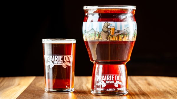 Prairie Dog Brewing's Coconut Brown Ale in two draft formats, 5oz and 16oz pours.