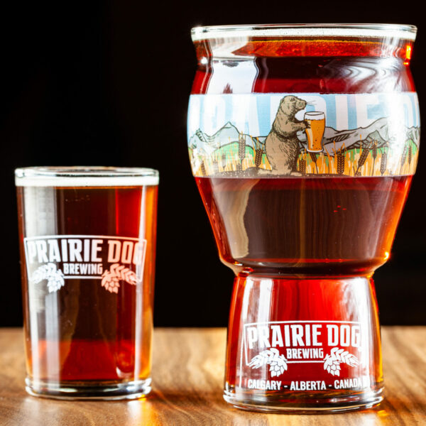 Prairie Dog Brewing's Coconut Brown Ale in two draft formats, 5oz and 16oz pours.