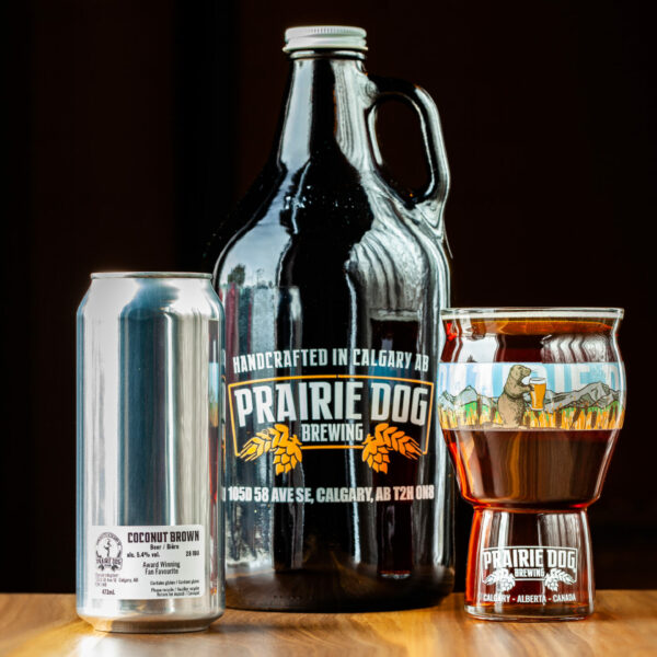 Prairie Dog Brewing's Coconut Brown Ale in three different formats, a 473mL can, a 473mL (16oz) beer glass as draft, and in a 64oz (1.89L) growler jug.