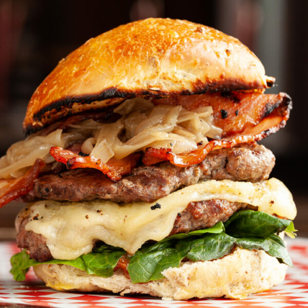 Prairie Dog Brewing Dog Burger with brisket and pork pattie.