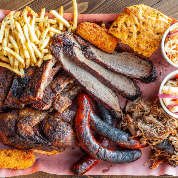 Prairie Dog Brewing Full Pit barbecue combo platter, perfect for sharing.