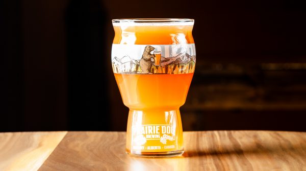 A 473mL draft pour of Prairie Dog Brewing's Superb Radler orange cranberry wheat beer.