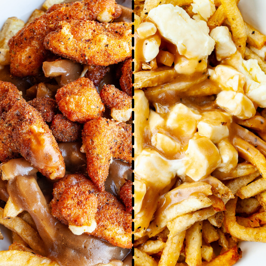 A side by side view of Prairie Dog Brewing's poutine with our fried jumbo curds on the left, and unfried on the right.