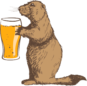 Prairie Dog Brewing mascot, Alby, holding a delicious beer and facing left.