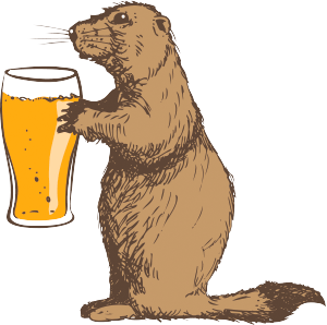 Left-Alby-With-Beer-Web Prairie Dog Brewing mascot, Alby, holding a delicious beer and facing left.