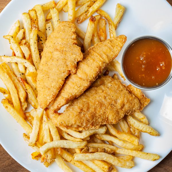 Kids' Chicken Tenders with Fries and Plum Sauce.