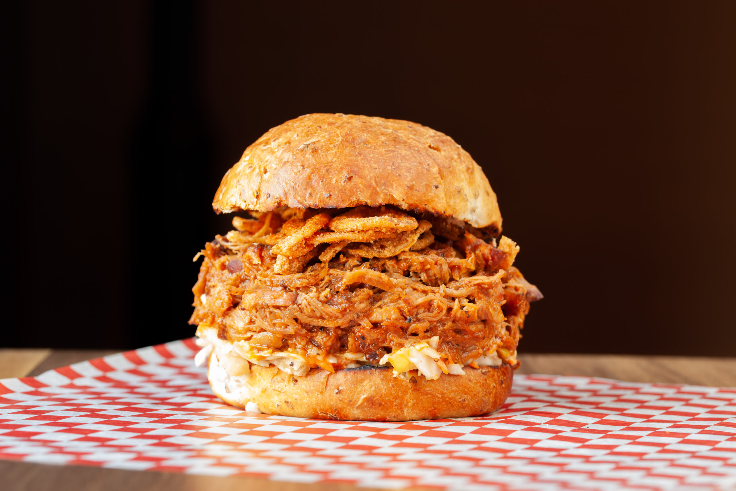 Prairie Dog Brewing Sauced Pulled Pork Sandwich