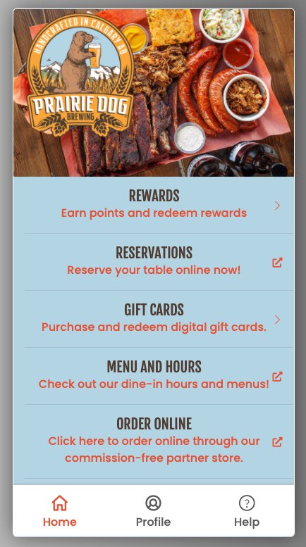 Member Rewards Web App Home A screen grab of the Prairie Dog Brewing member rewards web application home page.
