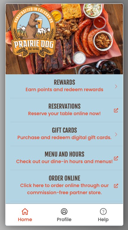 A screen grab of the Prairie Dog Brewing member rewards web application home page.