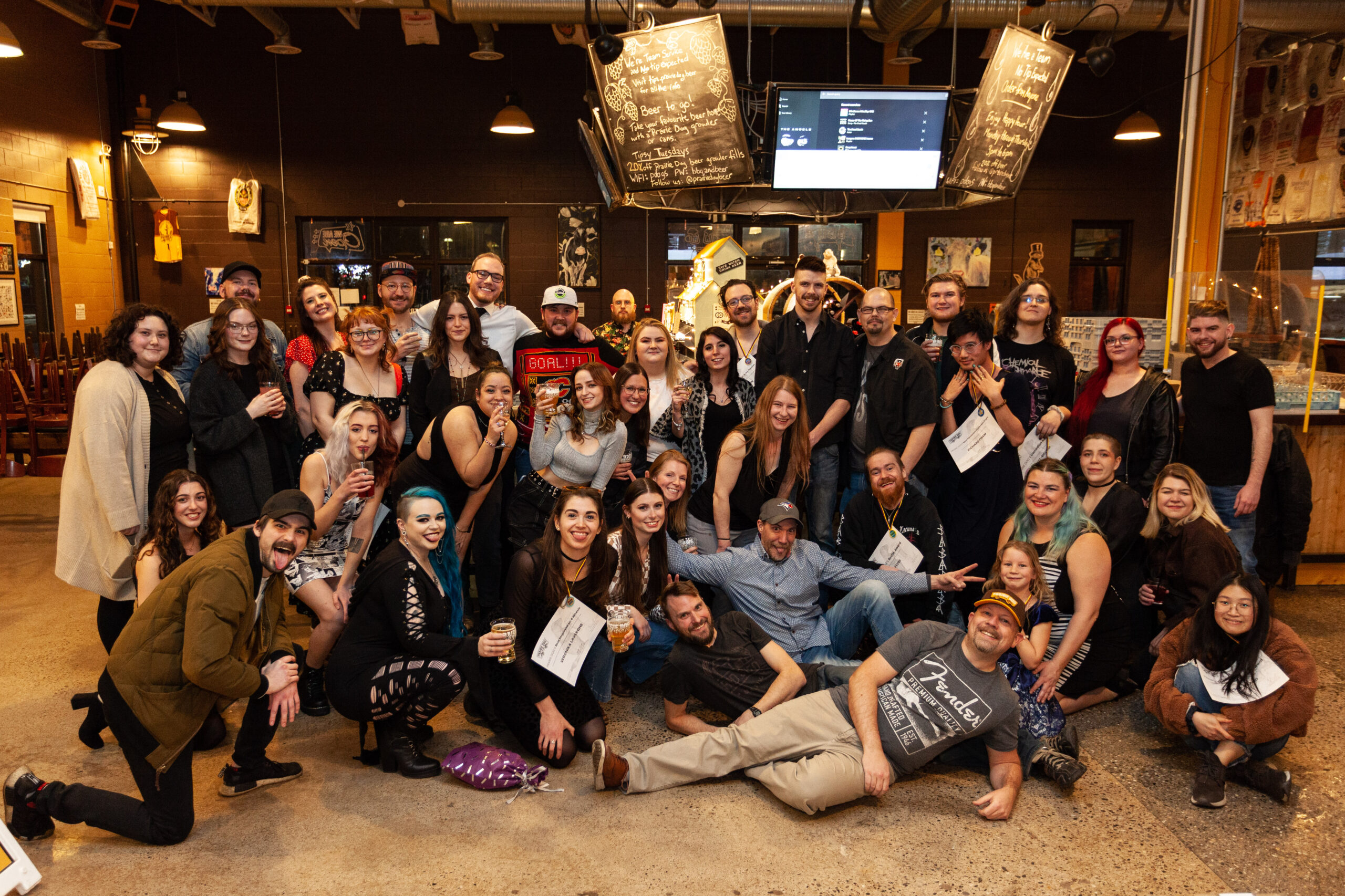 Prairie Dog Brewing Staff Jan 2023 A photo of nearly 40 of Prairie Dog Brewing's team members, taken at a holiday party in early January, 2023.