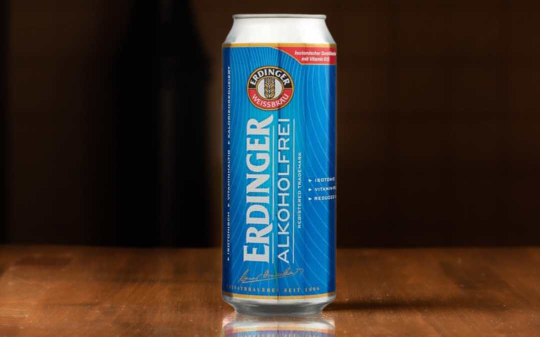 A 500-mL can of premium alcohol-free Erdinger beer, brewed in Germany with the flavour and mouthfeel of a classic German pale lager.