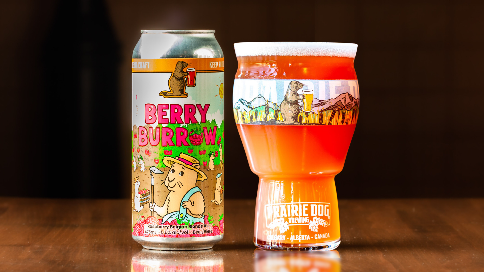 Berry Burrow Can + Glass Prairie Dog Brewing Berry Burrow in 16oz (473mL) branded pint glass.