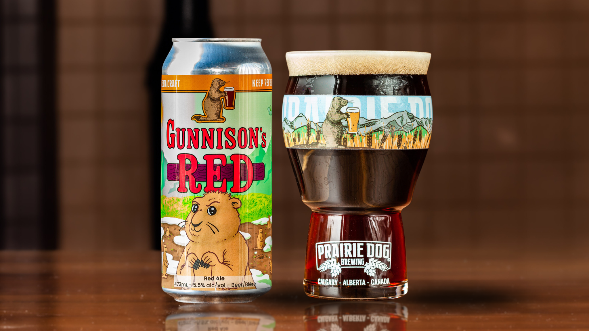 A 16-oz glass of Prairie Dog Brewing Gunnison's Red ale.